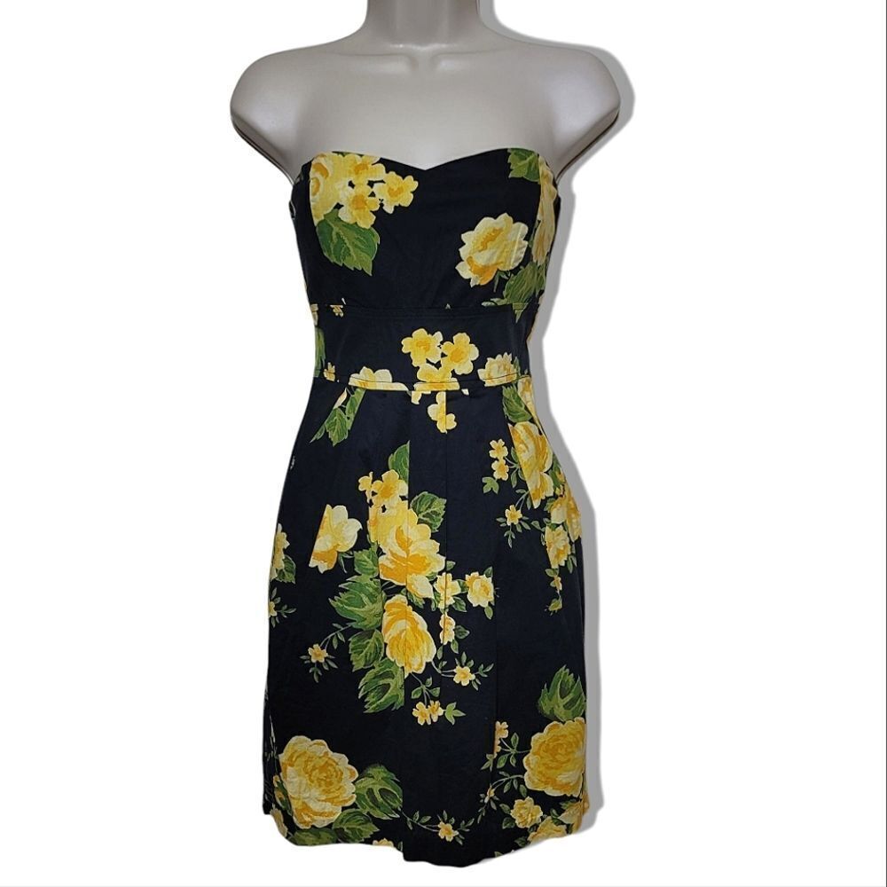 B. Darlin Yellow & Black Floral Summer Spring Mini Strapless A-Line Dress